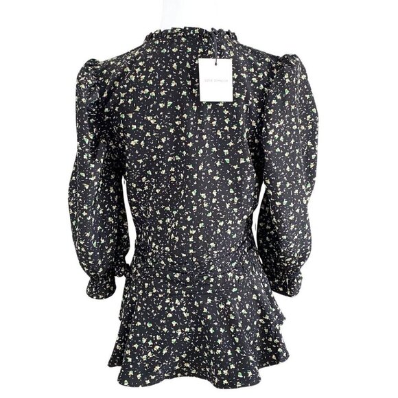 NWT SOFIE SCHNOOR BLACK FLORAL PUFF SLEEVE PEPLUM BLOUSE - S - Picture 4 of 12